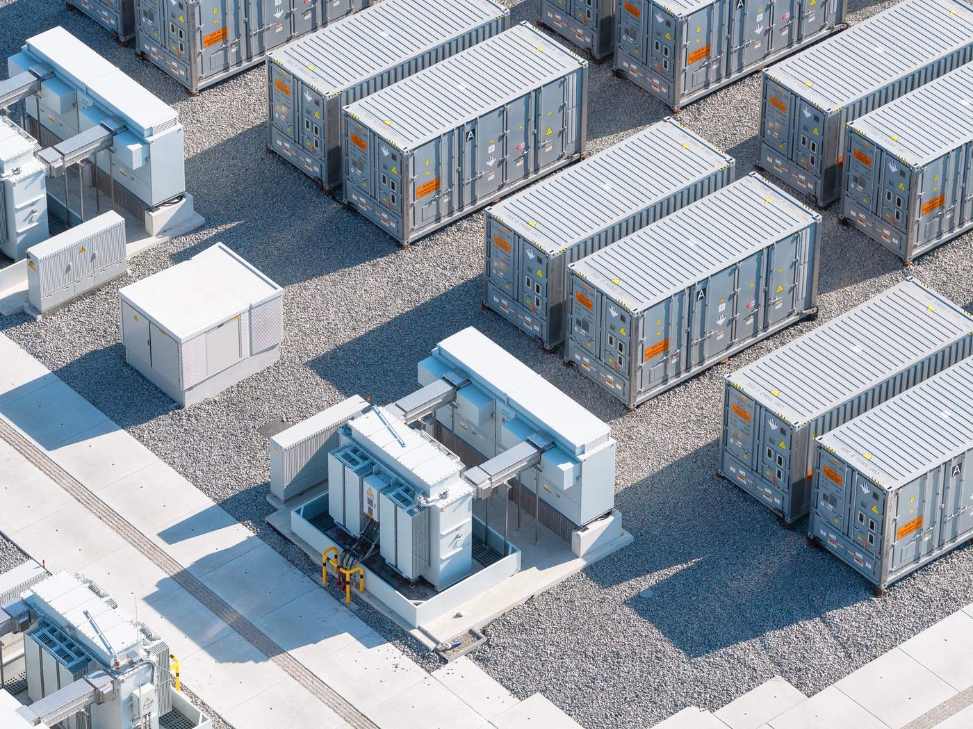 Aerial view of a grid-scale containerized battery energy storage installation