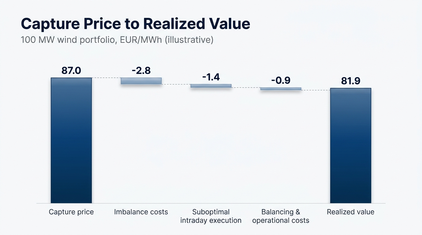 Capture price to realized value waterfall for a 100 MW wind portfolio